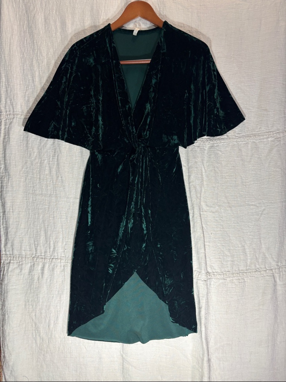 Emerald Velvet High-Low Wrap Dress with Knot Detail